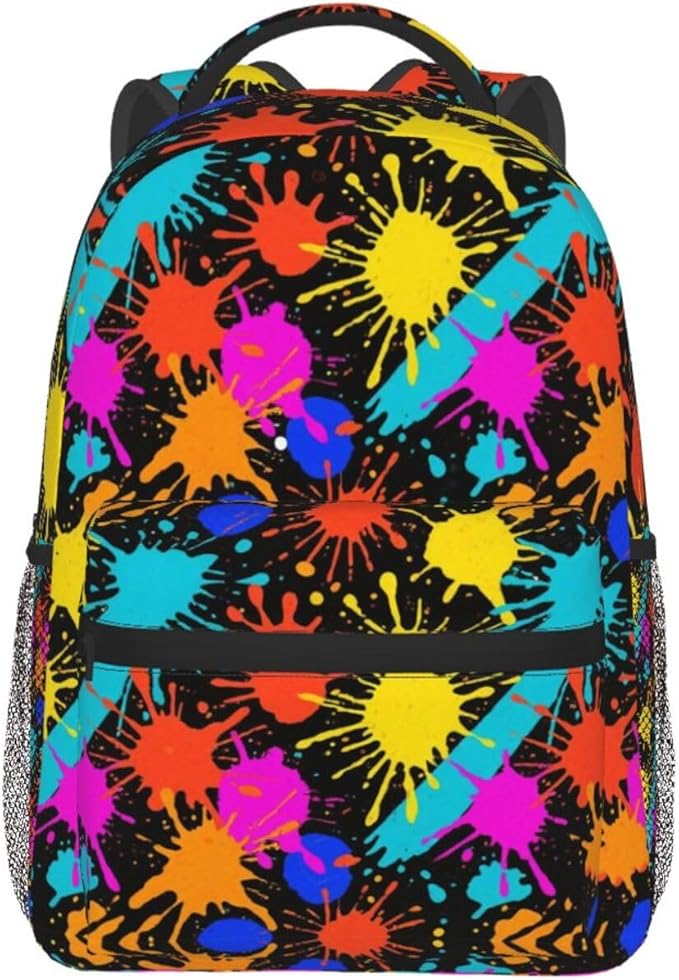 Men Women Lightweight Colorful Splatter Color Art Daypack Bookbag Big Capacity Carry On Bag With Side Pockets for Camping Travel Bicycle