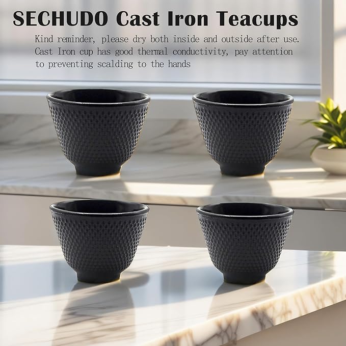 Japanese Cast Iron Tea Cups, Small and Heavy Teacups with no Handles, Japanese Style Cup for Adults, Asian Teacup, Coated with Enameled Interior, 4 Pcs/Box (Black, 3.38oz/100ml)