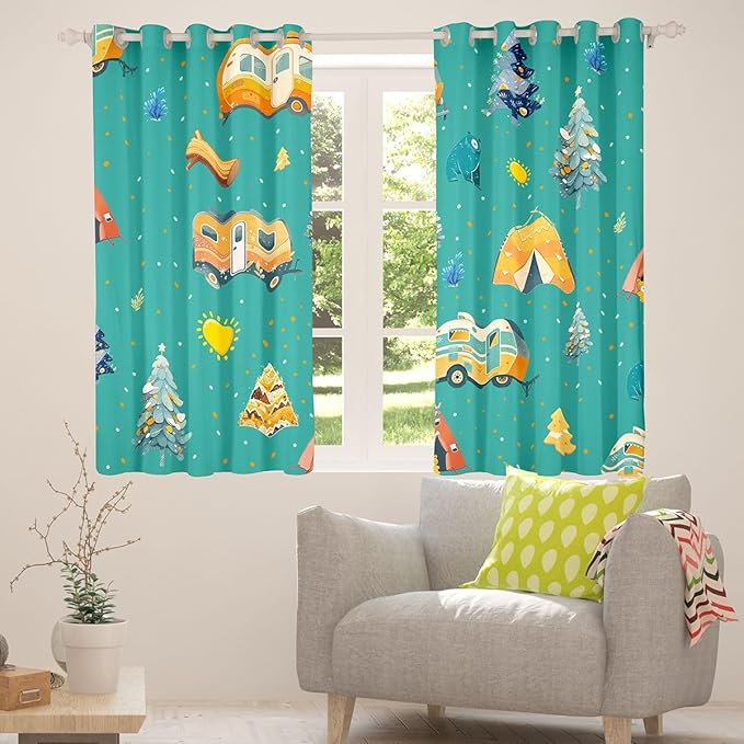 Feelyou Green RV Camping Camper Curtains for Bedroom Living Room Adventure Camper Blackout Shades Happy Camping Room Darkening Curtain Window Treatments, 2 Panels 52 x 96 Inch Decor