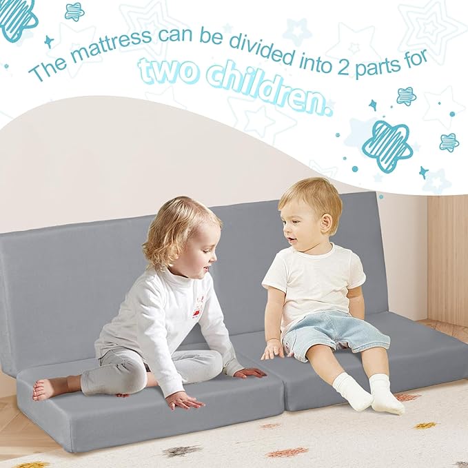 MeMoreCool Kids Folding Mattress, Trifold Mat Foldable Floor Mattress with Washable Cover and Carry Bag, Portable Foam Floor Mat for Kids, Daycare, Sleepover, Camping and Travel, Light Grey
