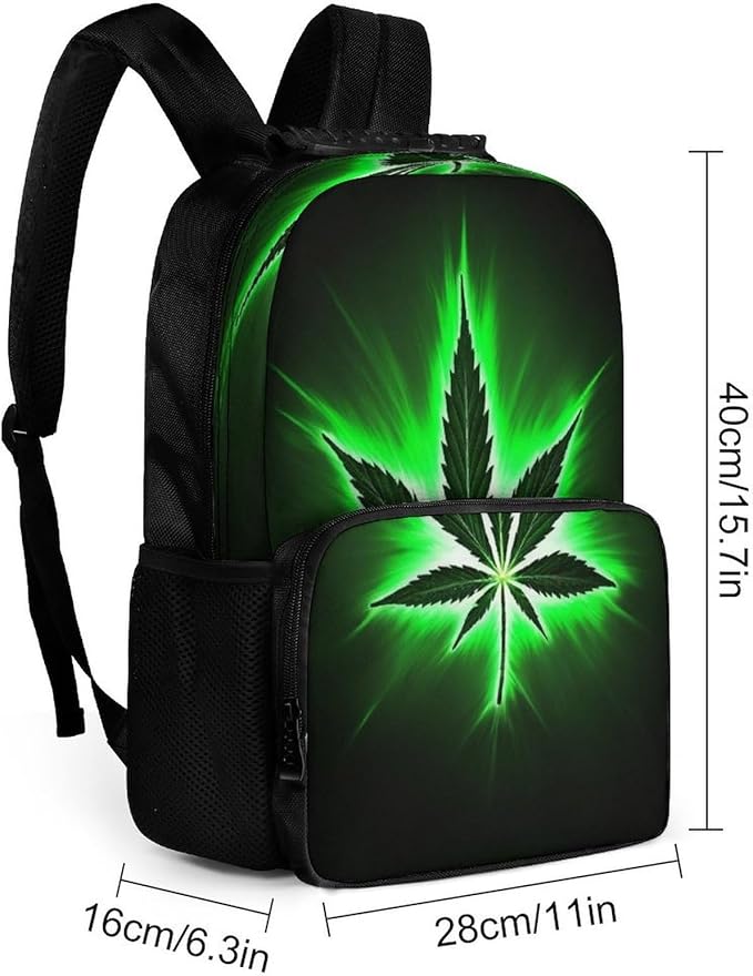 Men Women Lightweight Green Weedleaf Leaf Black Casual Daypack Large Capacity Bookbag With Adjustable Shoulder Straps for Gym Business Bicycle