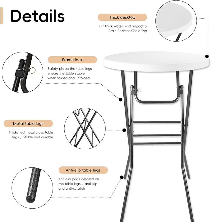 Cocktail Table 28in Portable Folding Bar Height Table, Compact Round High Top Plastic & Steel Bistro with Removable Legs, for Indoor Outdoor RV Patio Catering Parties Commercial Events-1pc