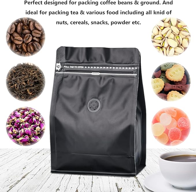 50 Pack Coffee Bags with Aluminum Foil and Degassing Valve, Resealable High Barrier Storage Bags, Odor-Proof for Coffee Beans, Stand Up Coffee Pouch, Flat Bottom (Small-8OZ, Black)