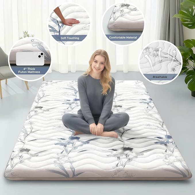 Japanese Floor Mattress, 3.5" Thicken Ink Wash Floral Pattern Portable Futon Mattress, 100% High-Density Foam Tatami Mat Sleeping Pad for Camping Guest Room Dormitory RV, White, Queen