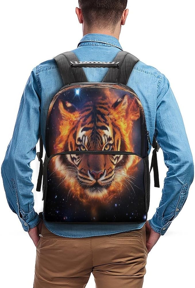 Polyester Daypack Backpack for Trekking Picnic Walking Cycling, Large Capacity Anti-Theft Multipurpose Shoulder Bag, Space Fire Flame Animal King Wild Angry Tiger Casual Daypack