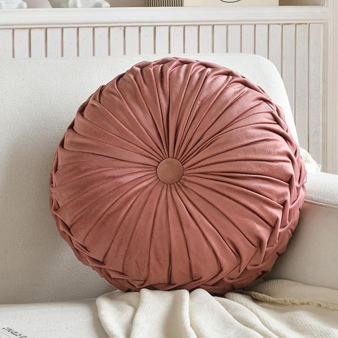 Round Throw Pillow Velvet Home Decoration Pleated Round Pillow Cushion for Couch Chair Bed Car Blush