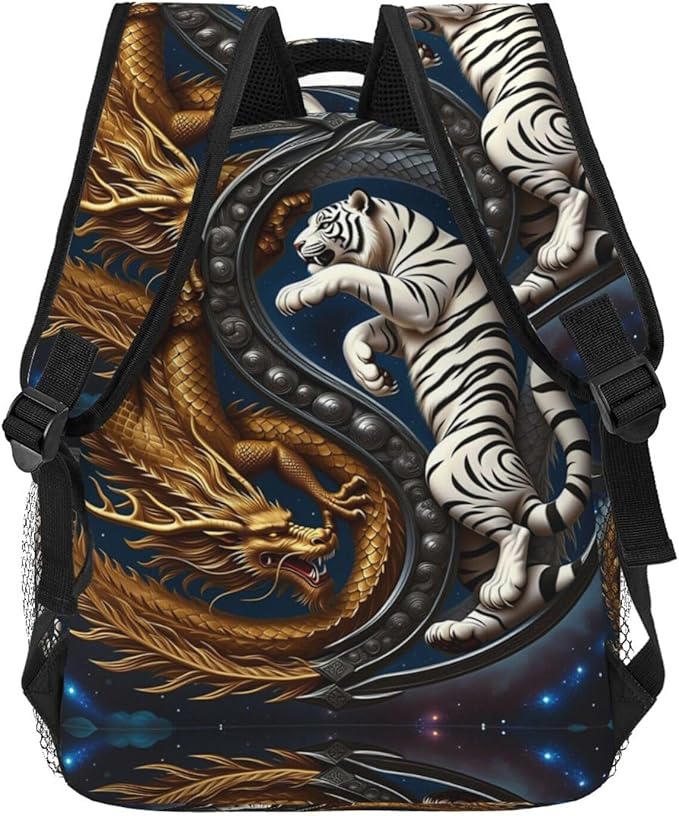 Men Women Lightweight Yin Yang Gold Dragon White Tiger Art Casual Daypack Large Capacity Bookbag With Adjustable Shoulder Straps for Gym Business Bicycle