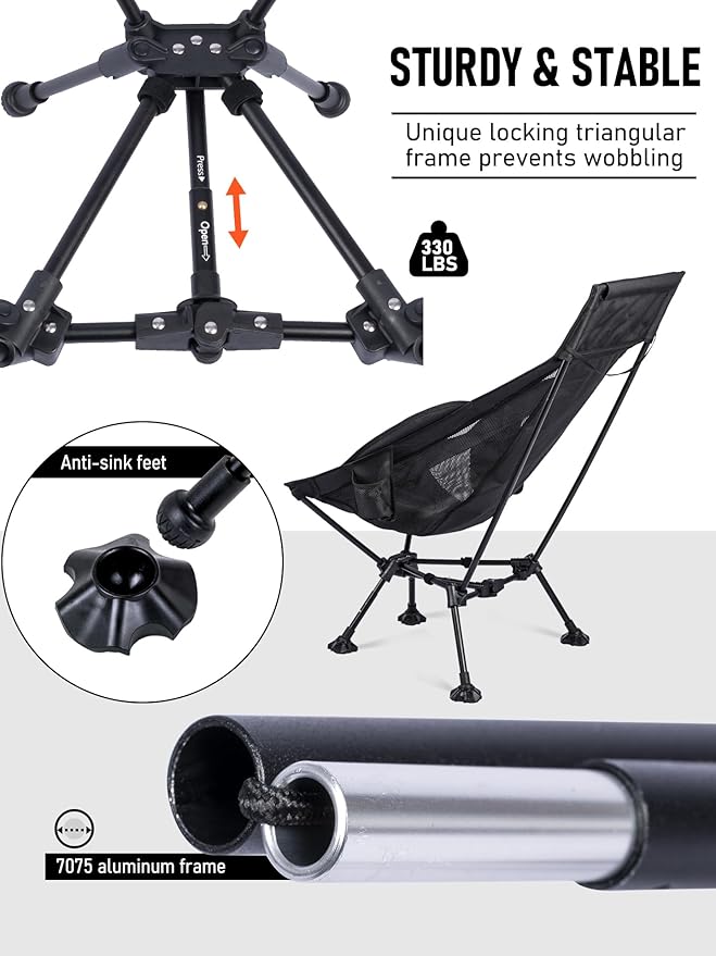 WildCall Lightweight Folding High Back Camping Chair with Head Support, Compact Beach Chair with Anti-Sinking Large Feet and Three Tilt Angles Adjustment