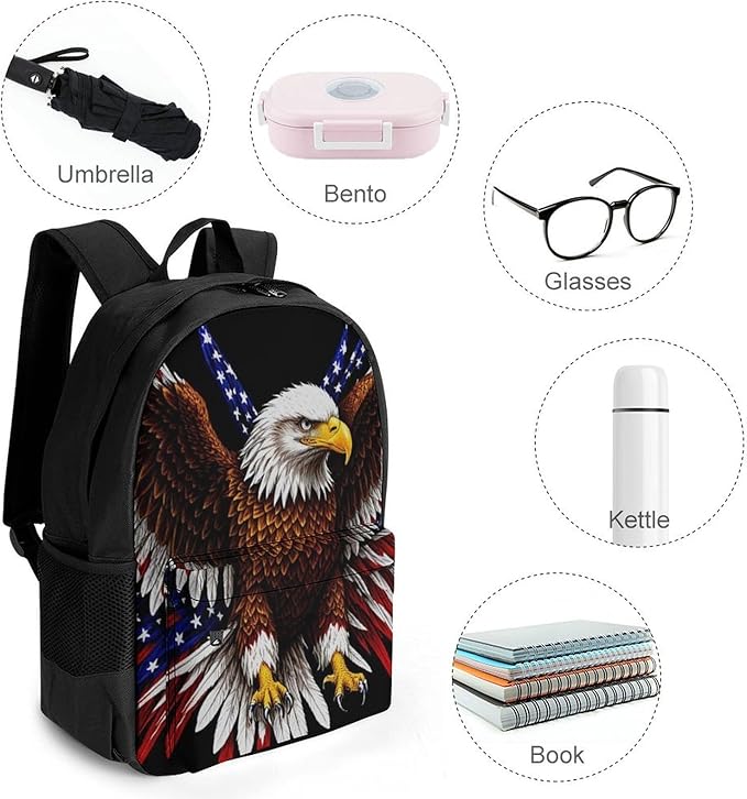 Backpack Anti-Theft Multipurpose Large Capacity Carry On Bag, Bald Eagle American Flag Camping Outdoor Backpack With Side Pockets