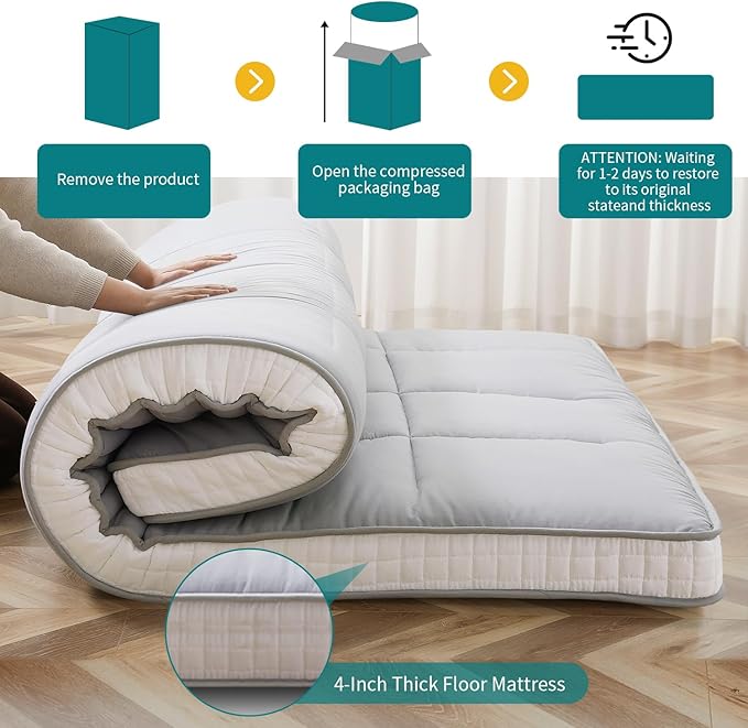 SUNYRISY Japanese Floor Futon Mattress Foldable & Portable Tatami Mat Sleeping Pad Roll Up Bed Topper for Guest Lounger, Twin, Grey