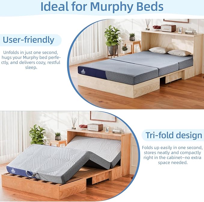Cooling Foldable Mattress, 6 Inch Memory Foam Mattress/Topper with Cold Breathable Effect, Trifold Mattress for Murphy Bed, Portable Folding Floor Bed for Guest, Camping, Travel, Yoga - Full
