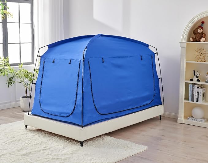 Privacy Sleep Indoor Bed Tent for Adults Kids, Portable Blackout 90% Canopy Tents with 3 Doors Breathable Mesh Windows