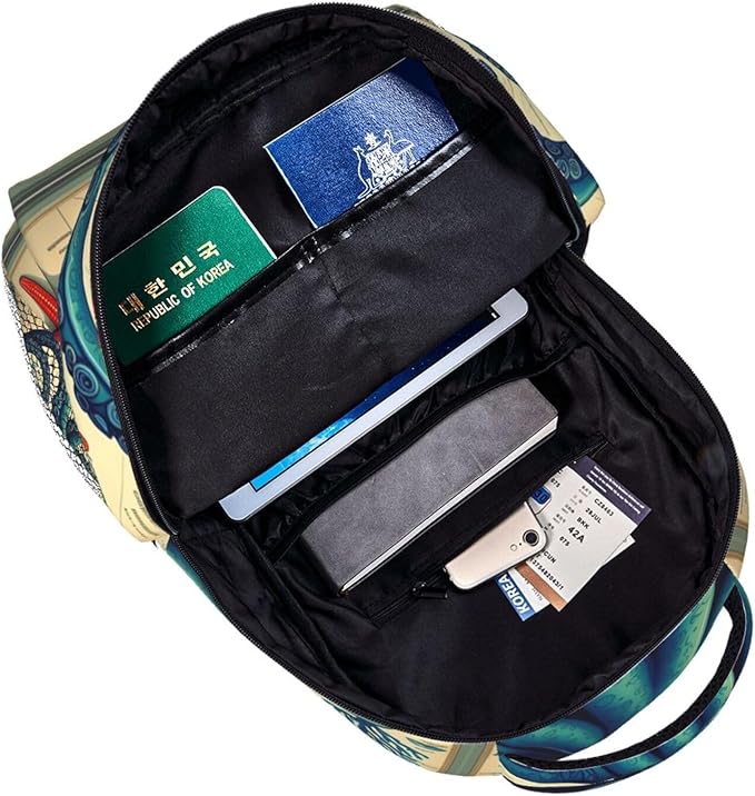 Polyester Daypack Backpack for Trekking Picnic Walking Cycling, Large Capacity Anti-Theft Multipurpose Shoulder Bag, Retro Octopus Art Casual Daypack