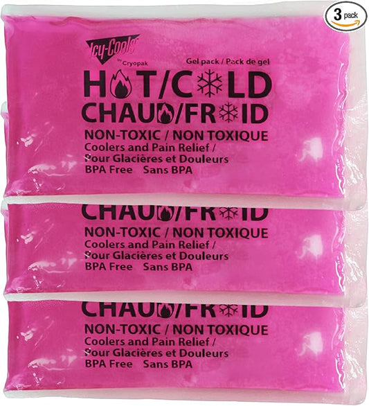 ICY-COOLS 3 Pack Reusable Hot or Cold Gel Ice Packs for Injuries, Multipurpose Ice Packs for Lunch Boxes, Long-Lasting Cold Therapy for Pain Relief, 4 x 8 Inches (Pink)