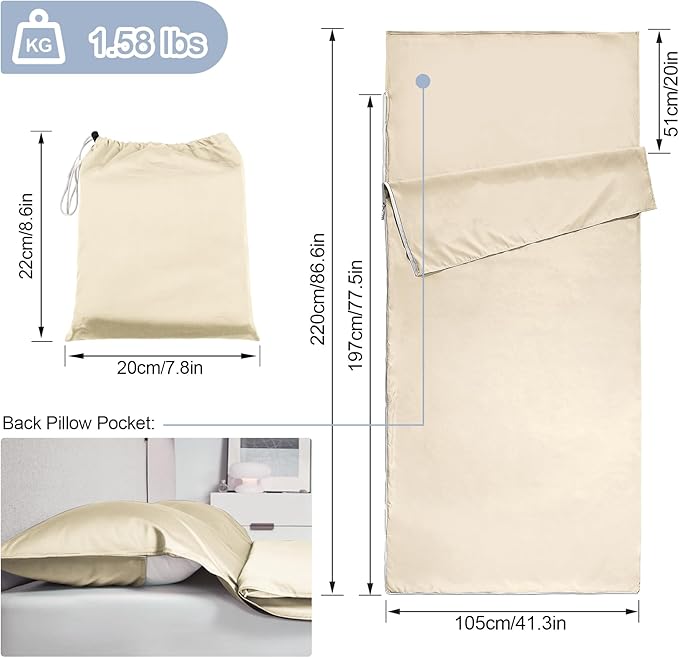 Sleeping Bag Liner,Long Staple Cotton, Adult Sleep Sack & Travel Sheets,Travel Sleep Sack for Backpacking, Hotels & Hostels Lightweight Travel Sheet Camping Sheets,Has Full Length Zipper