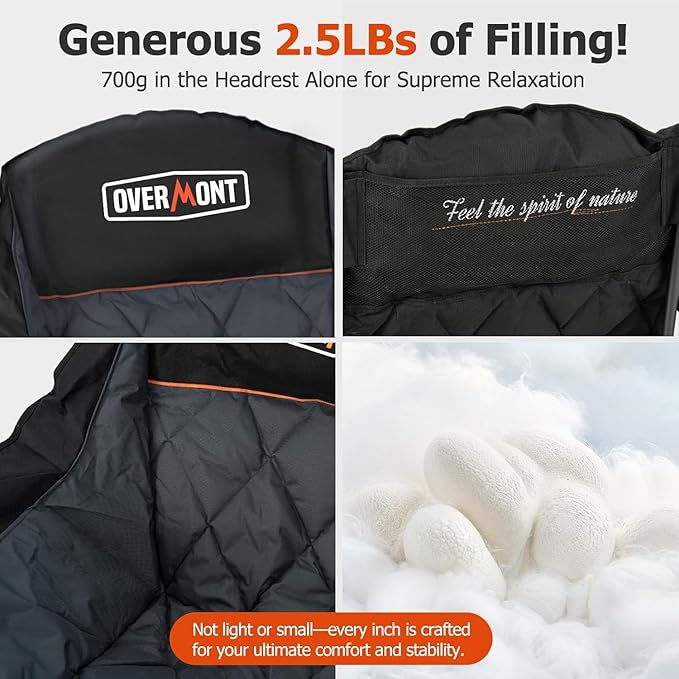 Overmont Oversized XL Camping Chair for Adults - 400lbs Support Heavy-Duty Padded Folding Chair with Side Pocket Cup Holder Cooling Bag for Outdoor Sports Garden Beach Fishing Lawn Black 2pcs