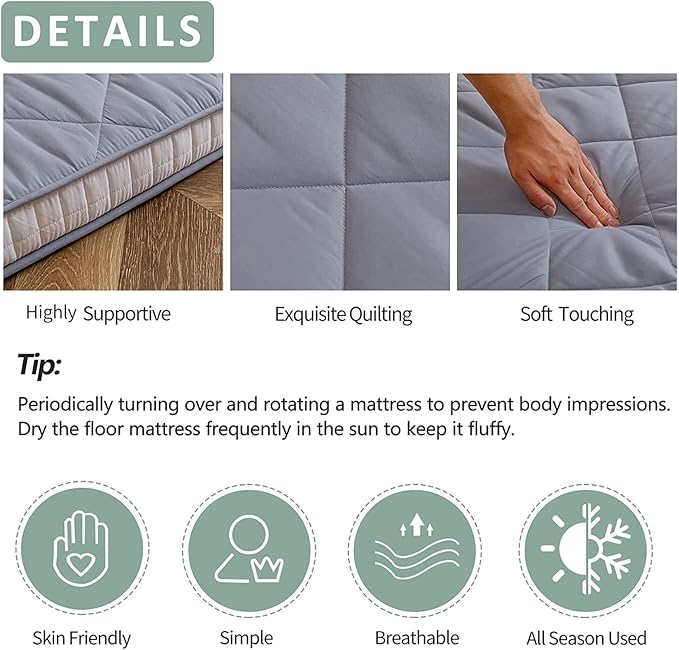 MAXYOYO Japanese Floor Futon Mattress Queen Size, Roll Up Folding Bed, Diamond Patterned Futon for Adults, Grey