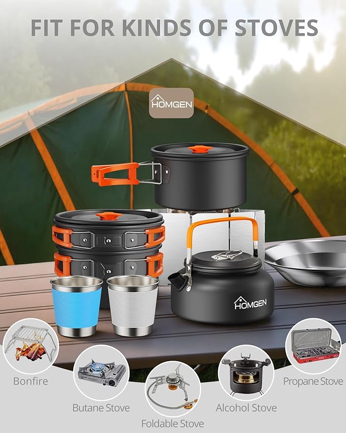 HOMGEN 14-Piece Camping Cooking Set with Stove Windshield & 2 Plates - Lightweight Aluminum Nesting Pot/Frying Pan Teapot - Complete Camping Mess Kit for Backpacking Picnics Outdoor Cooking Camping