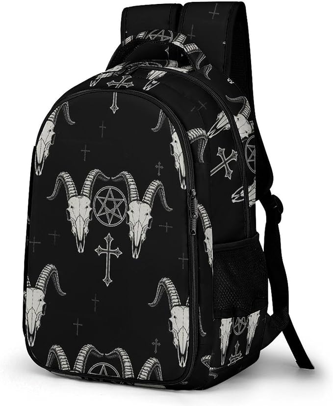 Travel Backpack Purse for Women, Gothic Occult Satan Penta Symbol Skull Cute Laptop Backpack with Tumbler Holder for Nurse Teacher College Work Casual Daypack