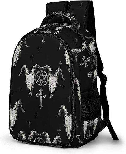Travel Backpack Purse for Women, Gothic Occult Satan Penta Symbol Skull Cute Laptop Backpack with Tumbler Holder for Nurse Teacher College Work Casual Daypack
