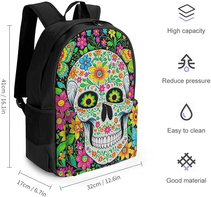 Supdreamc Men Women Polyester Colorful Floral Sugar Skull Daypack Big Capacity Shoulder Bag With Adjustable Shoulder Straps for Camping Travel Walking Cycling