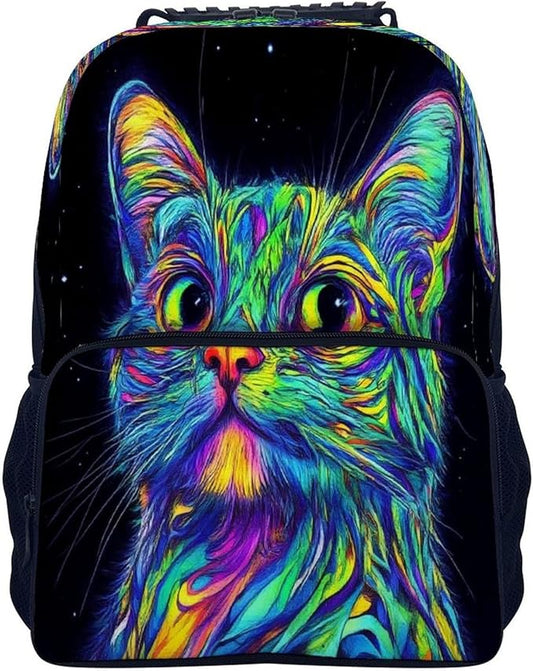 Lightweight Daypack Bookbag for Trekking Business Walking Cycling, Big Capacity Anti-Theft Multipurpose Carry On Bag, Colorful Trippy Cat Business Computer Bag