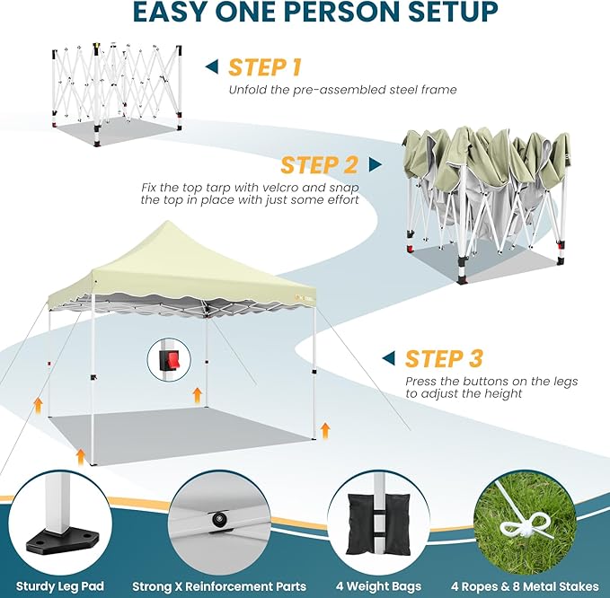 HOTEEL 10x10 Pop Up Canopy, Easy Setup Party Tent with Carry Bag, Weight Bag, Outdoor Portable Event Shelter for Backyard, Market, Khaki