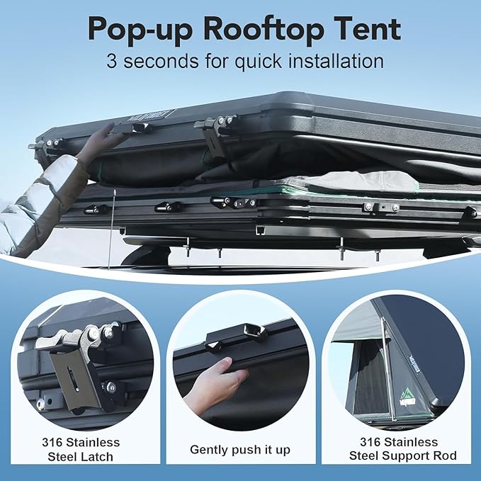 Rooftop Tent Hardshell, 2-3 Person Camping Car Roof Top Tent Hard Shell Suitable for Jeep, SUV, Truck, Van