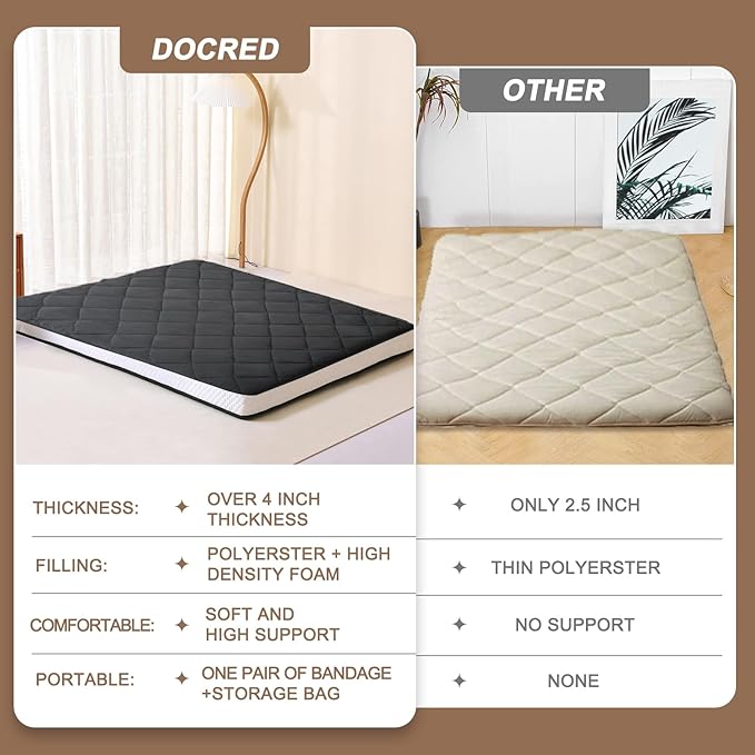 DoCred Twin Size Futon Mattress, Extra Thick Foldable Japanese Floor Mattress Memory Foam Sleeping Pad for Adults - Roll Up Mattress Tatami Mat Folding Sleeping Pad Breathable Floor Lounger Guest Bed