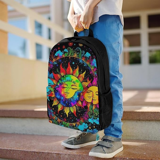 Supdreamc Polyester Daypack Backpack for Trekking Picnic Walking Cycling, Large Capacity Anti-Theft Multipurpose Shoulder Bag, Mandala Triple Sun Hippie Trippy Psychedelic Boho Art Casual Daypack