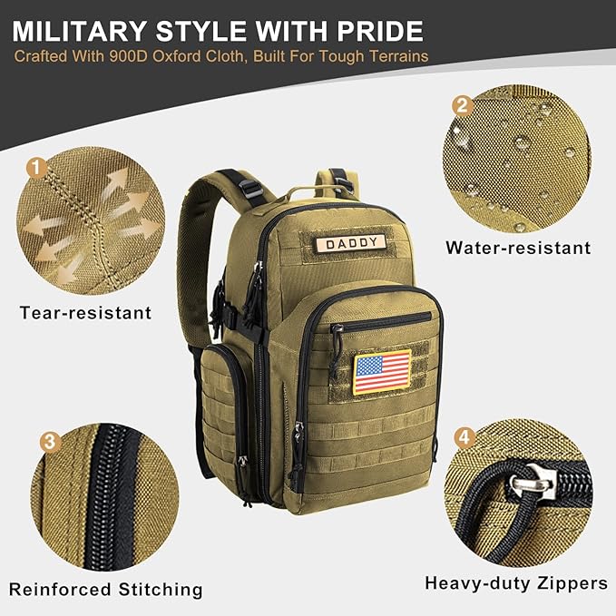 MIRACOL Military Diaper Bag for Dad - Tactical Style Baby Backpack with MOLLE & Changing Pad - 14 Compartments Rugged Design for Outdoor Travel Camping Tan