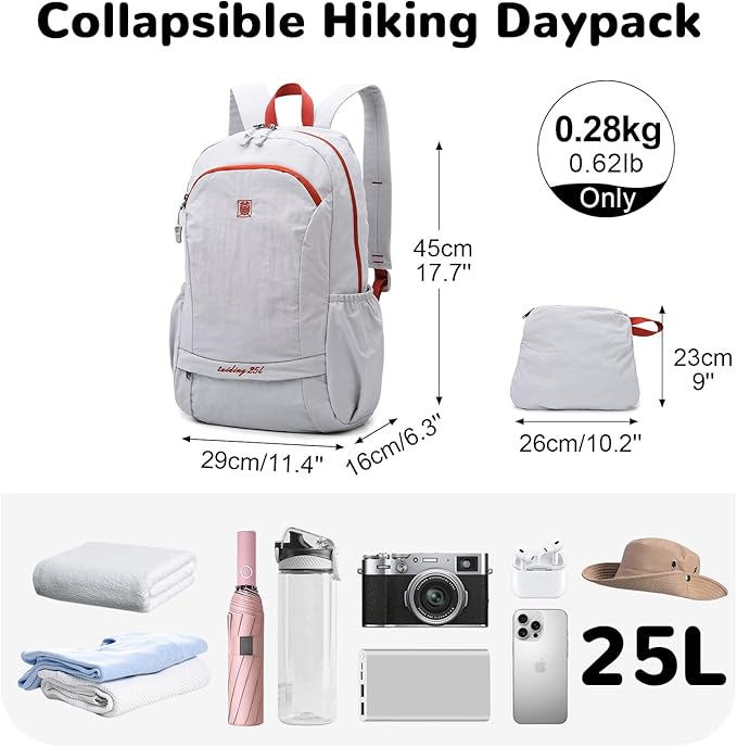 25L Lightweight Hiking Backpack with Chest Strap for Women Men, Foldable Daypack with Waterproof Wet Pocket for Travel, White