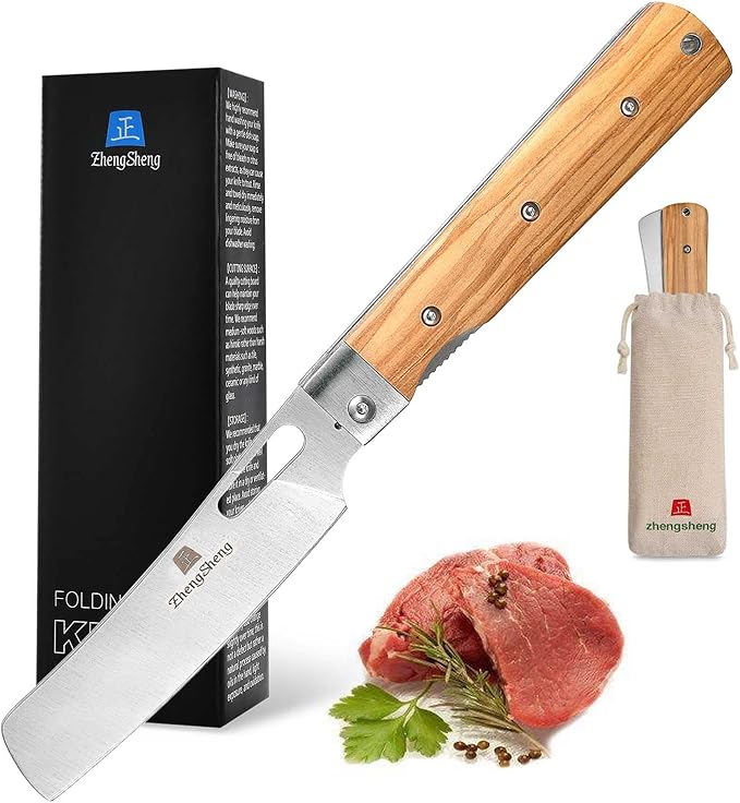 Folding Chef Knife 4.8” Ultra Sharp 440A Stainless Steel Blade Natural Olive Handle Pocket Foldable Japanese Style Kitchen Knife for Outdoor Camping BBQ trip Cooking