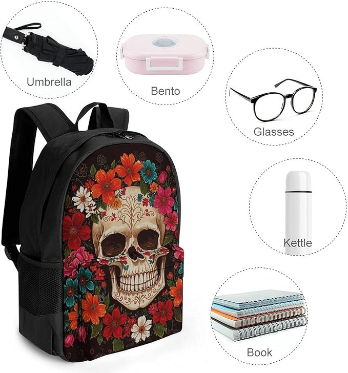 Men Women Lightweight Red Colorful Flowers Sugar Skull Backpack Large Capacity Carry On Bag With Padded Straps for Sports Work Walking Cycling