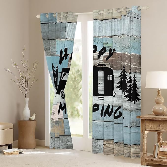 Happy Camping Adventure Blackout Curtains,Pine Tree Camper Silhouette Rustic Window Drapes,Wooden Plank Farmhouse Cabin Nursery Bedroom Playroom Decor,Blue 2 Panels,42Wx84L inch