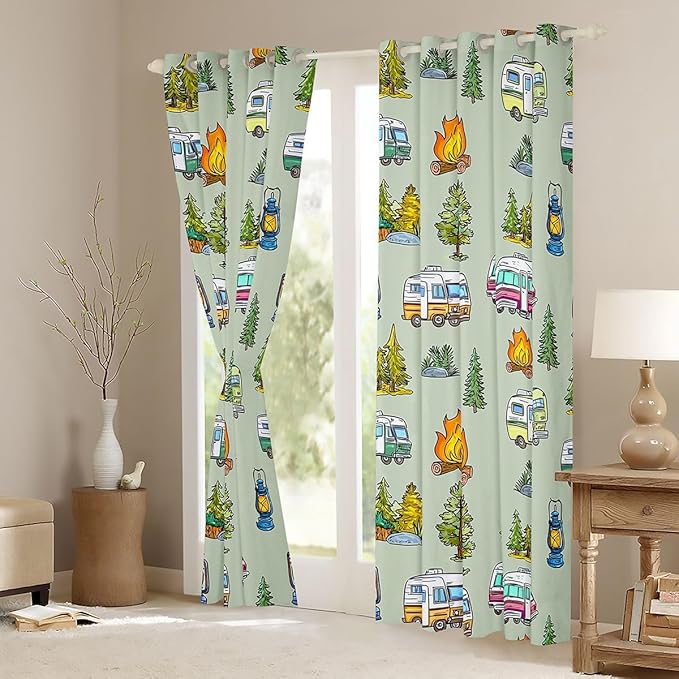 Feelyou Vintage Green Camper Curtains for Bedroom Living Room Rustic Camping Trailer Blackout Shades Happy Camping Room Darkening Curtain Window Treatments, 2 Panels 52 x 90 Inch Decor