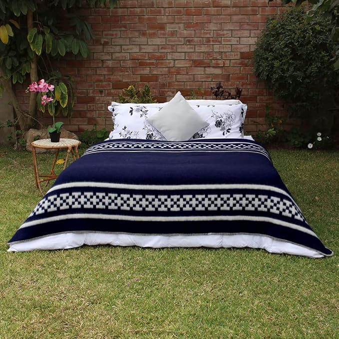 Inca Wall - Thick Alpaca Wool Blanket Heavyweight Camping Outdoors Indoors Soft Peru Queen Size New Ethnic Design (Navy Blue/Ivory, Queen Size)