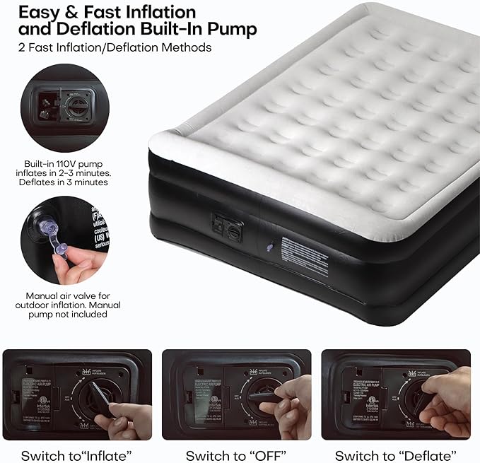 Panana Queen Air Mattress with Built in Electric Pump, Height 18.5" Comfort Blow up Inflatable Guest Air Bed Airbed with Flocked Top, Storage Bag for Family, Home, Camping