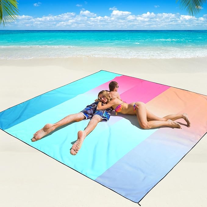 Beach Blanket Waterproof Sandproof Beach Mat 79" X 83"/10'x9'for 2-8 Adults Quick Drying Outdoor Picnic Mat Beach Accessories for Travel, Camping, Hiking