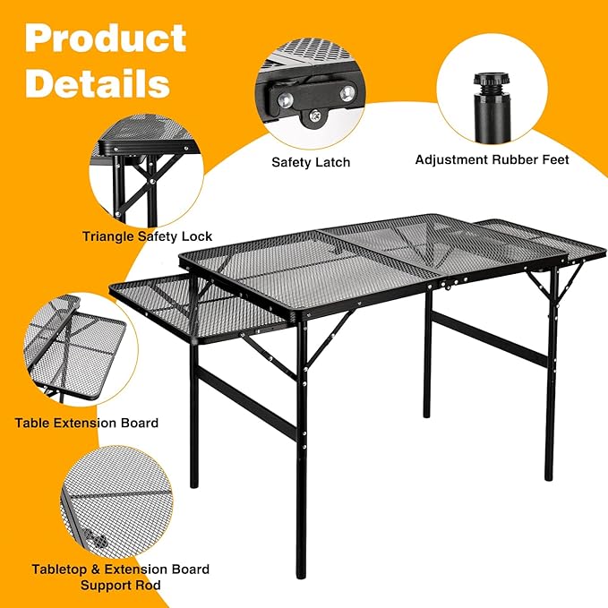 Grill Table Folding Table with 2 Wing Panels 3FT+1.4 FT with Mesh Desktop 2 Height Adjustable Portable Grill for Outdoor Indoor Beach BBQ Picnic Travel RV Black