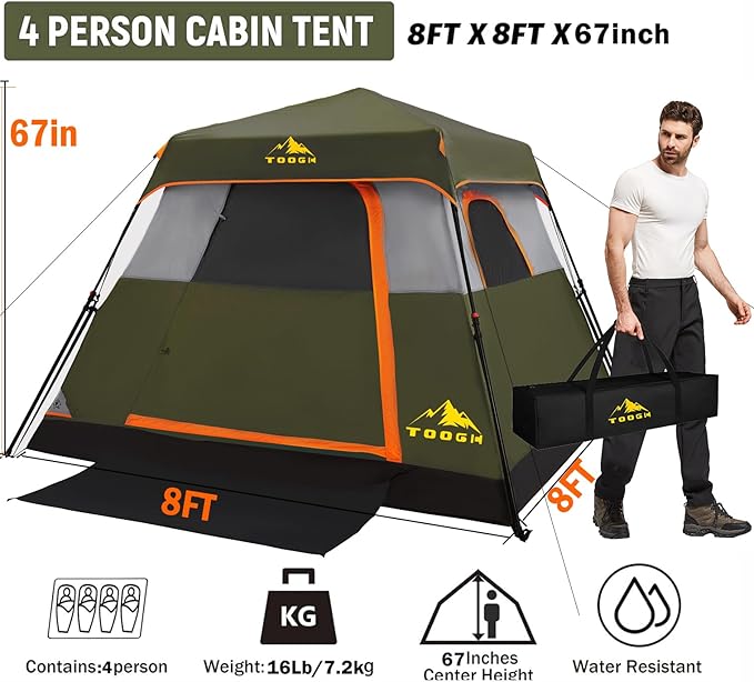 3/4 Person Camping Tent with 1 Door, 4 Windows, and Upgraded Ventilation– Instant Setup, Waterproof, 8'x 8'x 67''Oxford Fabric Floor Pop Up in 60 Seconds Includes Rainfly and Backpack