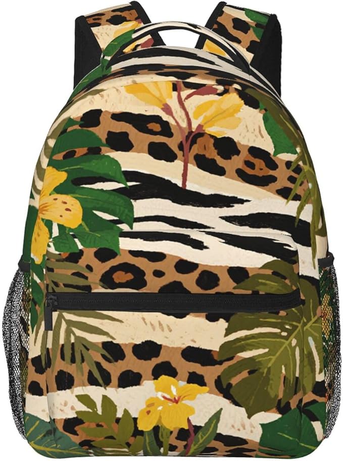 Daypack Anti-Theft Multipurpose Large Capacity Shoulder Bag, Cheetah Leopard Print Floral Gray Travel Hiking Camping Rucksack With Smooth Zippers