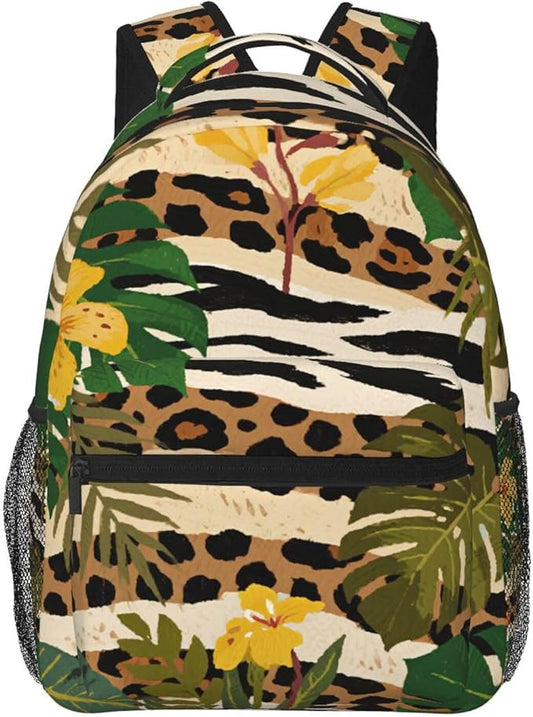 Daypack Anti-Theft Multipurpose Large Capacity Shoulder Bag, Cheetah Leopard Print Floral Gray Travel Hiking Camping Rucksack With Smooth Zippers