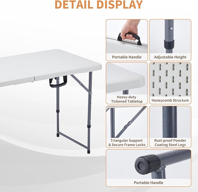 BOOSDEN 4 Foot Folding Table, Portable Rectangle Card Table, Indoor Outdoor Plastic Fold-in-Half Utility Table with Carrying Handle, Adjustable Height Foldable Tables for Picnic,Party,Camping,Office