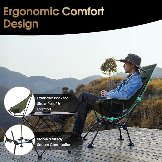 MOON LENCE High Back Folding Camping Chairs, Height-Adjustable, Widened Seat, for Beach with Anti-Sinking Feet