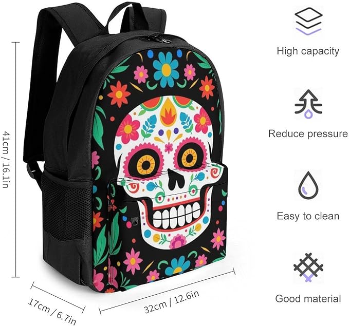 Supdreamc Daypack Anti-Theft Multipurpose Large Capacity Shoulder Bag, Mexican Day Of Dead Flower Traditional Sugar Skull Travel Hiking Camping Rucksack With Smooth Zippers