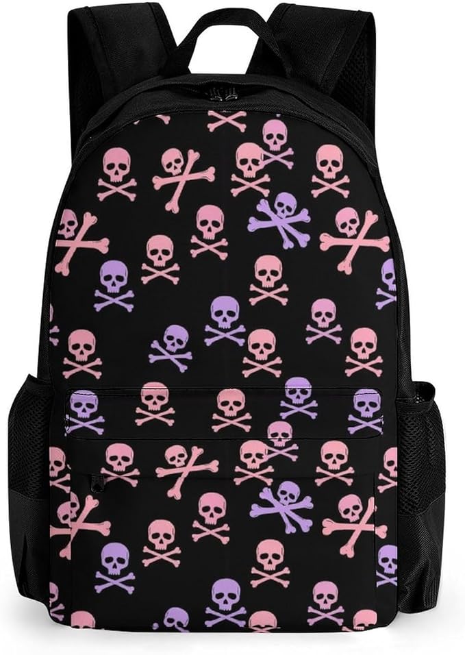 Polyester Daypack for Camping Travel Walking Cycling, Big Capacity Anti-Theft Multipurpose Bookbag, Purple Pink Crossbones Skulls Camping Outdoor Backpack