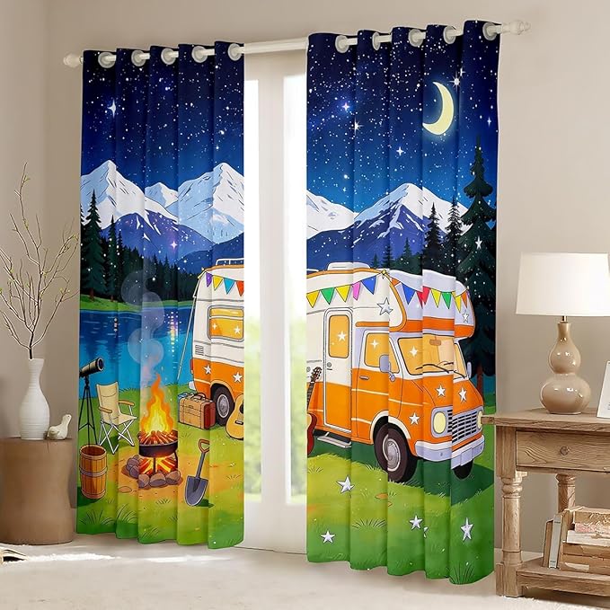 jejeloiu Cartoon Camping Car Curtains for Bedroom Room RV Camping Blackout Shades Campfire Room Darkening Curtain Farmhouse Trailers Camper Window Treatments, 2 Panels 38 x 45 Inch Decor