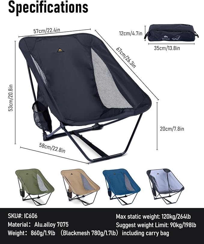 iClimb Low Ultralight Compact Camping Folding Chair with Side Pocket and Carry Bag (Black)