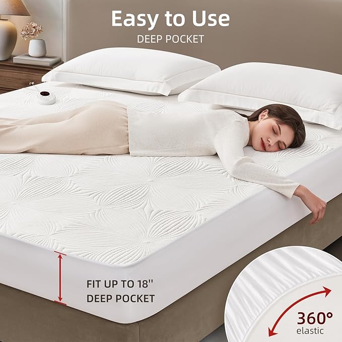 Bwarm Heated Mattress Pad ETL Certified Flower Bed Warmer with 9 Heat Settings, 1-12 Hours Auto Off Deep Pocket, Machine Washable, White (California King)